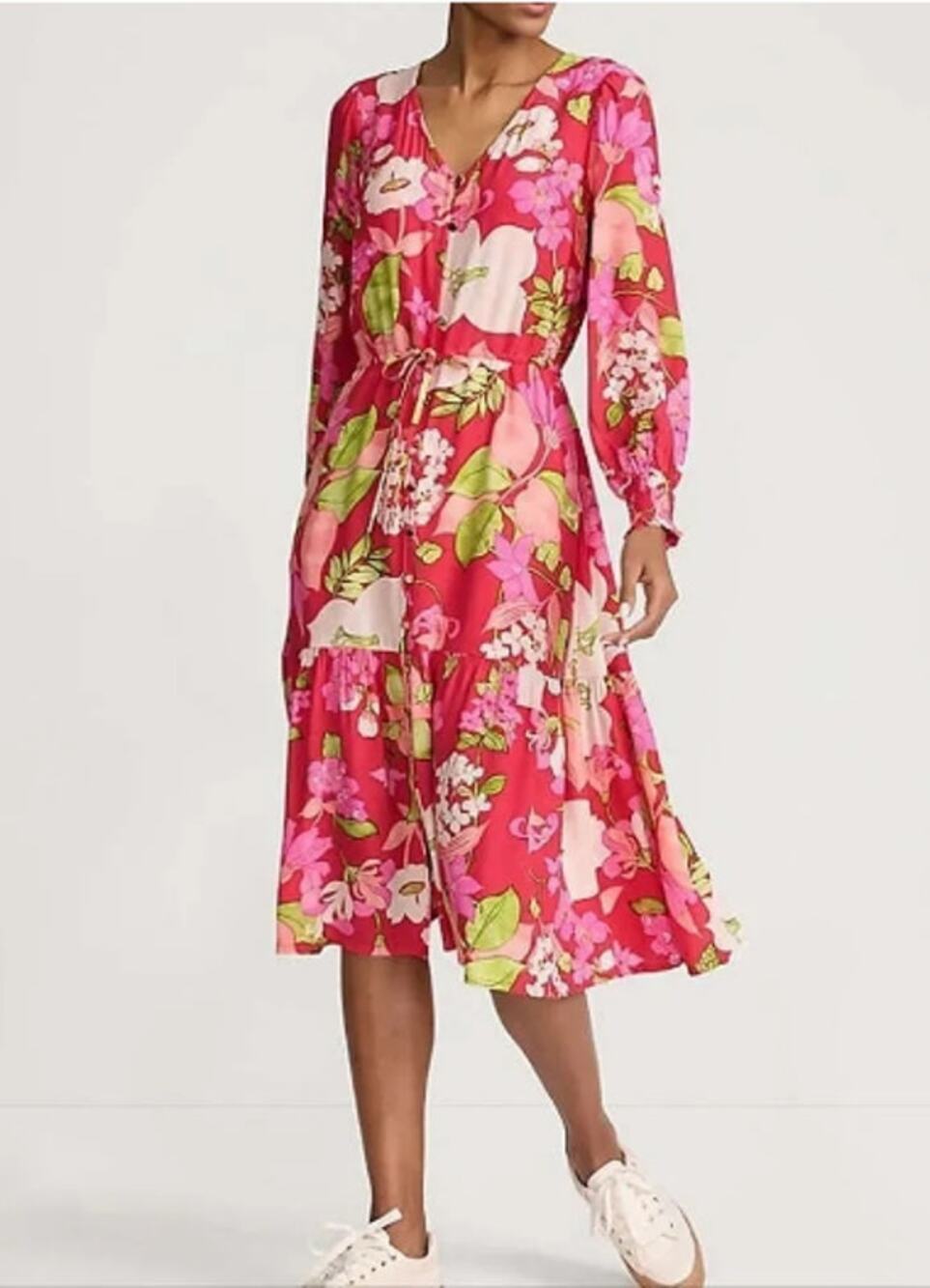 Lands' End Women's Size M Floral Crepe Button-Front Long Sleeve Shirt Dress